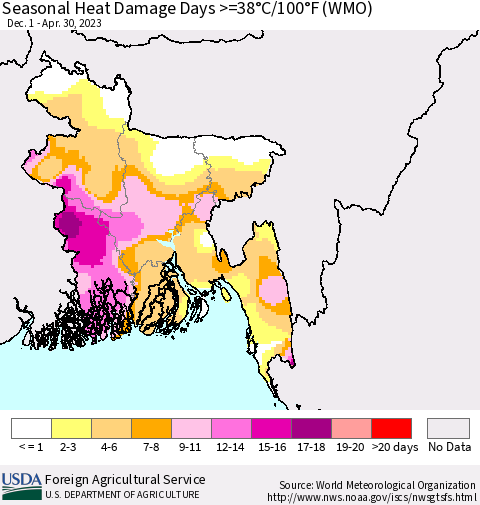 Bangladesh Seasonal Heat Damage Days >=38°C/100°F (WMO) Thematic Map For 12/1/2022 - 4/30/2023