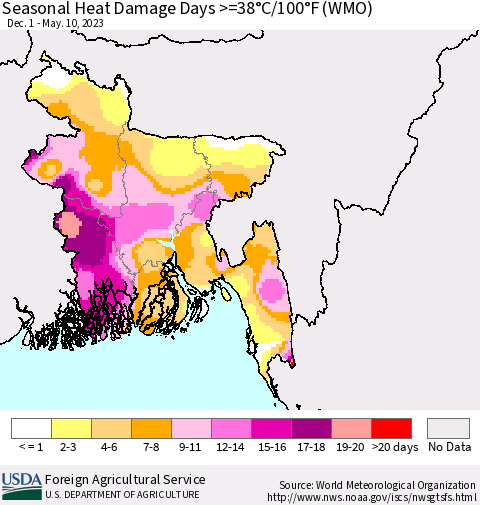 Bangladesh Seasonal Heat Damage Days >=38°C/100°F (WMO) Thematic Map For 12/1/2022 - 5/10/2023