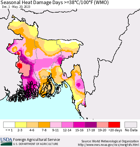 Bangladesh Seasonal Heat Damage Days >=38°C/100°F (WMO) Thematic Map For 12/1/2022 - 5/20/2023