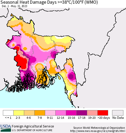 Bangladesh Seasonal Heat Damage Days >=38°C/100°F (WMO) Thematic Map For 12/1/2022 - 5/31/2023