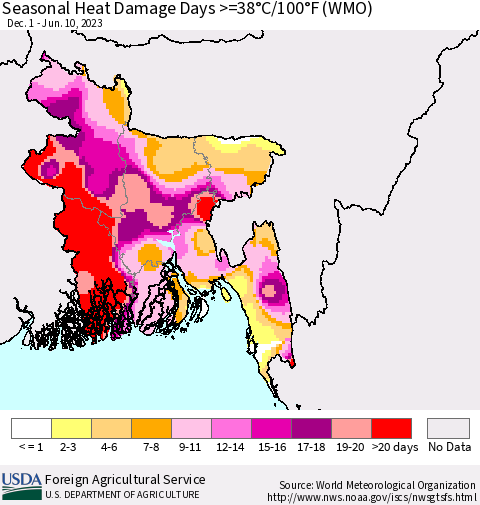 Bangladesh Seasonal Heat Damage Days >=38°C/100°F (WMO) Thematic Map For 12/1/2022 - 6/10/2023