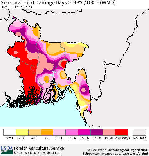 Bangladesh Seasonal Heat Damage Days >=38°C/100°F (WMO) Thematic Map For 12/1/2022 - 6/20/2023