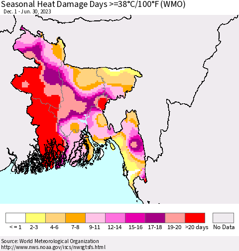 Bangladesh Seasonal Heat Damage Days >=38°C/100°F (WMO) Thematic Map For 12/1/2022 - 6/30/2023