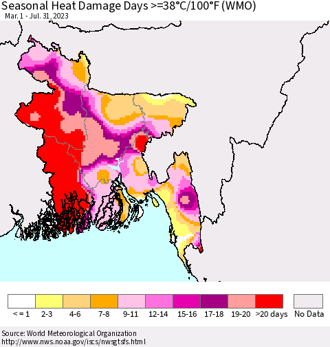 Bangladesh Seasonal Heat Damage Days >=38°C/100°F (WMO) Thematic Map For 3/1/2023 - 7/31/2023