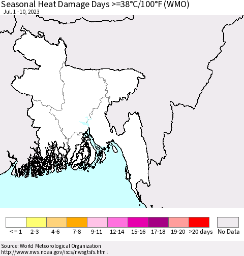 Bangladesh Seasonal Heat Damage Days >=38°C/100°F (WMO) Thematic Map For 7/1/2023 - 7/10/2023