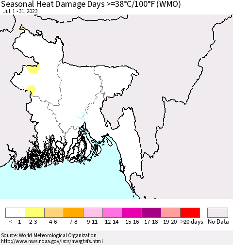 Bangladesh Seasonal Heat Damage Days >=38°C/100°F (WMO) Thematic Map For 7/1/2023 - 7/31/2023