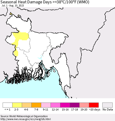 Bangladesh Seasonal Heat Damage Days >=38°C/100°F (WMO) Thematic Map For 7/1/2023 - 8/10/2023
