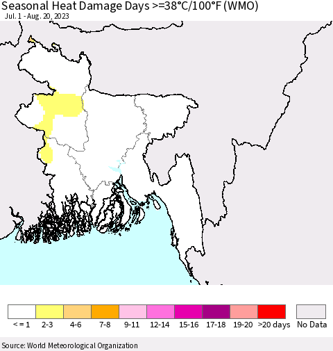 Bangladesh Seasonal Heat Damage Days >=38°C/100°F (WMO) Thematic Map For 7/1/2023 - 8/20/2023