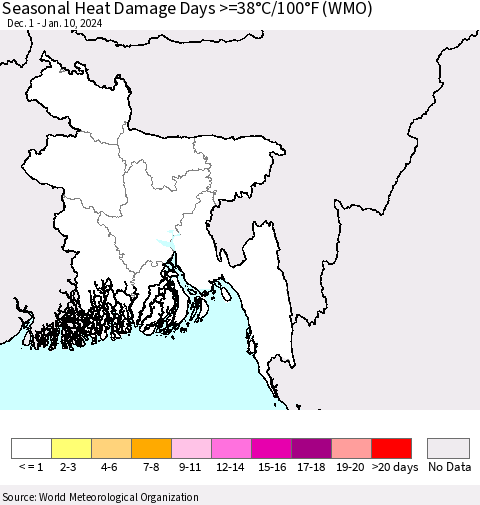 Bangladesh Seasonal Heat Damage Days >=38°C/100°F (WMO) Thematic Map For 12/1/2023 - 1/10/2024
