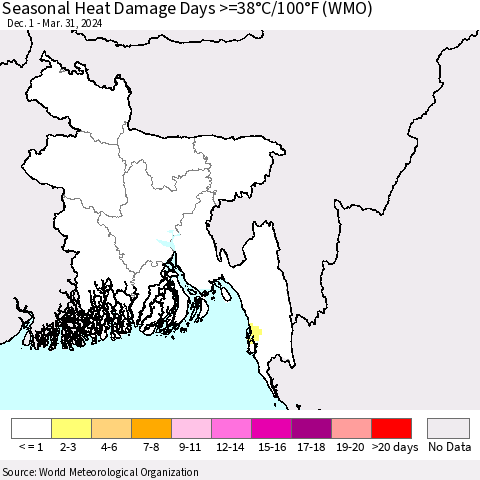 Bangladesh Seasonal Heat Damage Days >=38°C/100°F (WMO) Thematic Map For 12/1/2023 - 3/31/2024