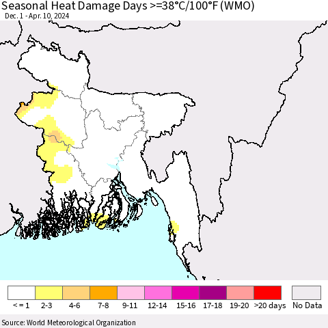 Bangladesh Seasonal Heat Damage Days >=38°C/100°F (WMO) Thematic Map For 12/1/2023 - 4/10/2024