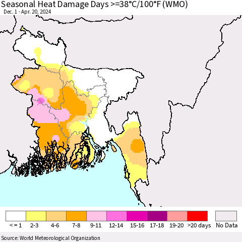 Bangladesh Seasonal Heat Damage Days >=38°C/100°F (WMO) Thematic Map For 12/1/2023 - 4/20/2024