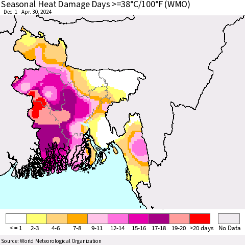 Bangladesh Seasonal Heat Damage Days >=38°C/100°F (WMO) Thematic Map For 12/1/2023 - 4/30/2024