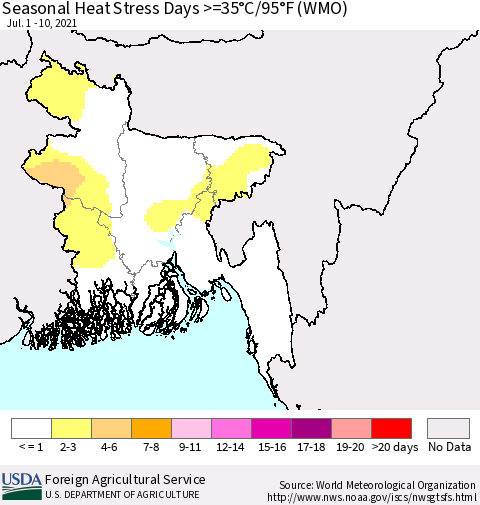 Bangladesh Seasonal Heat Stress Days >=35°C/95°F (WMO) Thematic Map For 7/1/2021 - 7/10/2021