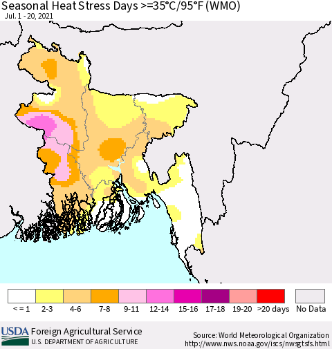 Bangladesh Seasonal Heat Stress Days >=35°C/95°F (WMO) Thematic Map For 7/1/2021 - 7/20/2021