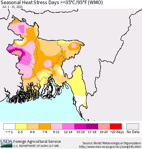 Bangladesh Seasonal Heat Stress Days >=35°C/95°F (WMO) Thematic Map For 7/1/2021 - 7/31/2021