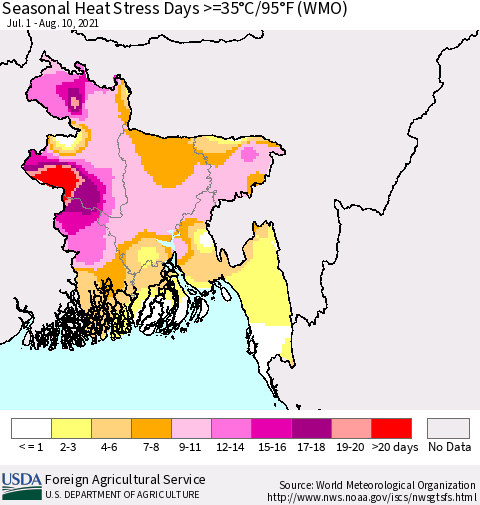 Bangladesh Seasonal Heat Stress Days >=35°C/95°F (WMO) Thematic Map For 7/1/2021 - 8/10/2021