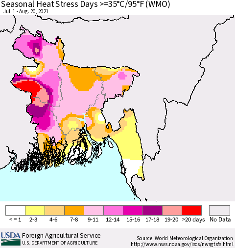 Bangladesh Seasonal Heat Stress Days >=35°C/95°F (WMO) Thematic Map For 7/1/2021 - 8/20/2021