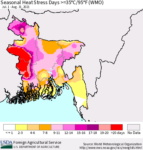 Bangladesh Seasonal Heat Stress Days >=35°C/95°F (WMO) Thematic Map For 7/1/2021 - 8/31/2021