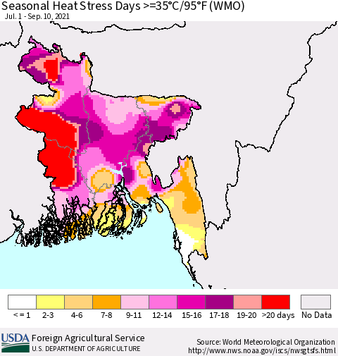 Bangladesh Seasonal Heat Stress Days >=35°C/95°F (WMO) Thematic Map For 7/1/2021 - 9/10/2021