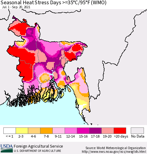 Bangladesh Seasonal Heat Stress Days >=35°C/95°F (WMO) Thematic Map For 7/1/2021 - 9/20/2021