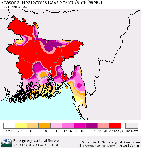 Bangladesh Seasonal Heat Stress Days >=35°C/95°F (WMO) Thematic Map For 7/1/2021 - 9/30/2021