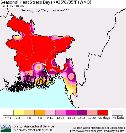 Bangladesh Seasonal Heat Stress Days >=35°C/95°F (WMO) Thematic Map For 7/1/2021 - 10/10/2021