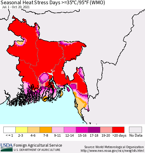 Bangladesh Seasonal Heat Stress Days >=35°C/95°F (WMO) Thematic Map For 7/1/2021 - 10/20/2021