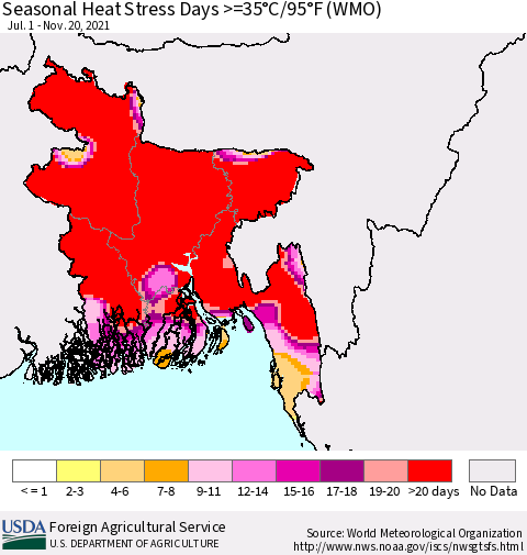Bangladesh Seasonal Heat Stress Days >=35°C/95°F (WMO) Thematic Map For 7/1/2021 - 11/20/2021