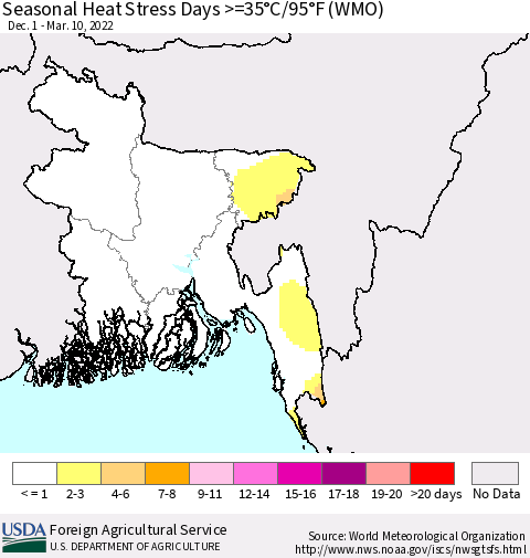 Bangladesh Seasonal Heat Stress Days >=35°C/95°F (WMO) Thematic Map For 12/1/2021 - 3/10/2022