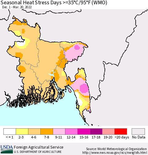 Bangladesh Seasonal Heat Stress Days >=35°C/95°F (WMO) Thematic Map For 12/1/2021 - 3/20/2022