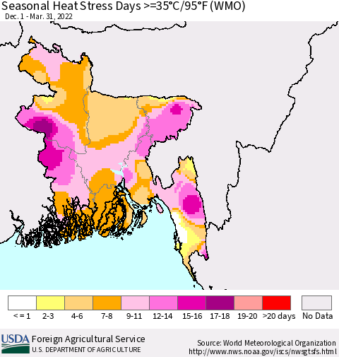 Bangladesh Seasonal Heat Stress Days >=35°C/95°F (WMO) Thematic Map For 12/1/2021 - 3/31/2022