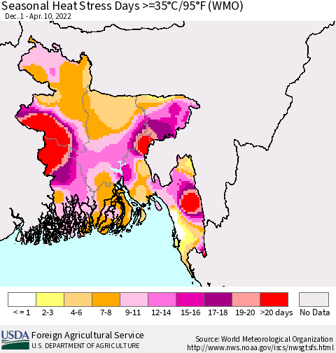 Bangladesh Seasonal Heat Stress Days >=35°C/95°F (WMO) Thematic Map For 12/1/2021 - 4/10/2022