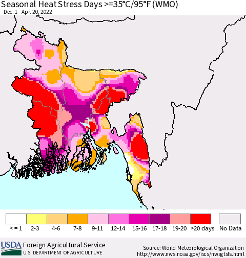 Bangladesh Seasonal Heat Stress Days >=35°C/95°F (WMO) Thematic Map For 12/1/2021 - 4/20/2022