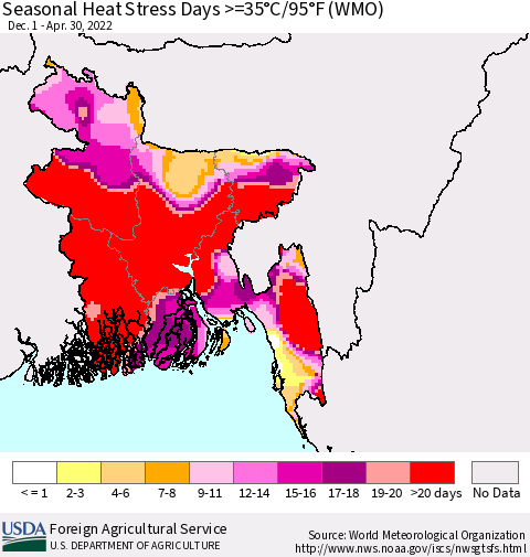 Bangladesh Seasonal Heat Stress Days >=35°C/95°F (WMO) Thematic Map For 12/1/2021 - 4/30/2022