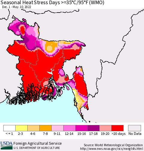 Bangladesh Seasonal Heat Stress Days >=35°C/95°F (WMO) Thematic Map For 12/1/2021 - 5/10/2022