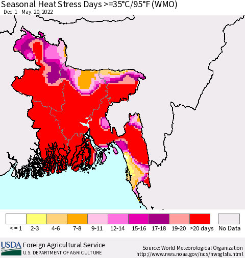 Bangladesh Seasonal Heat Stress Days >=35°C/95°F (WMO) Thematic Map For 12/1/2021 - 5/20/2022