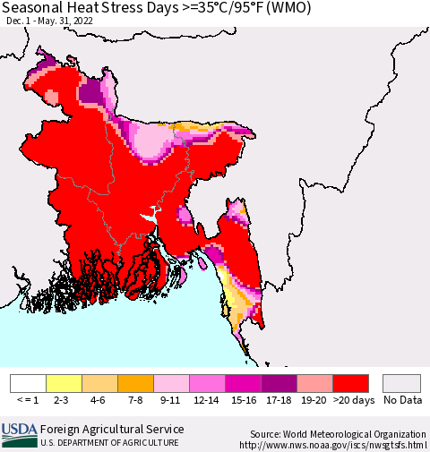 Bangladesh Seasonal Heat Stress Days >=35°C/95°F (WMO) Thematic Map For 12/1/2021 - 5/31/2022