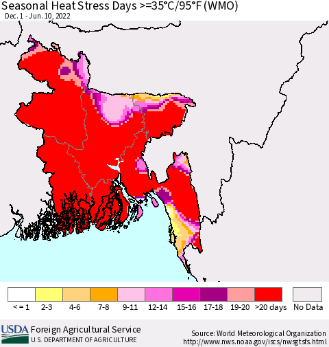 Bangladesh Seasonal Heat Stress Days >=35°C/95°F (WMO) Thematic Map For 12/1/2021 - 6/10/2022