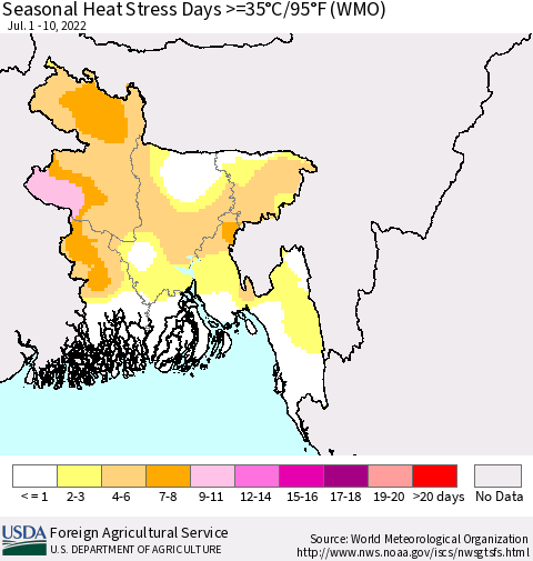 Bangladesh Seasonal Heat Stress Days >=35°C/95°F (WMO) Thematic Map For 7/1/2022 - 7/10/2022