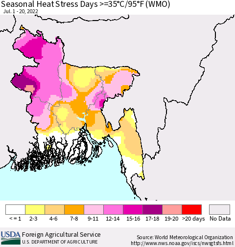 Bangladesh Seasonal Heat Stress Days >=35°C/95°F (WMO) Thematic Map For 7/1/2022 - 7/20/2022