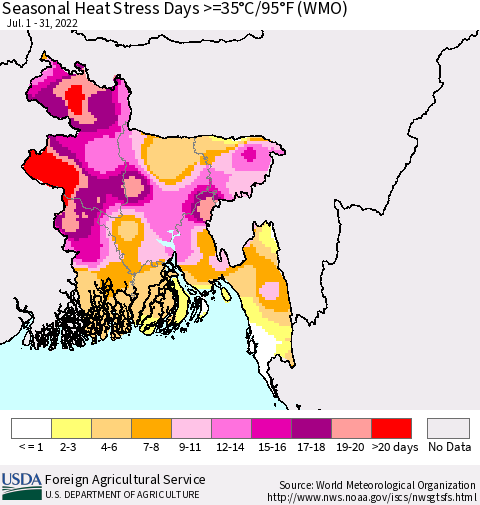 Bangladesh Seasonal Heat Stress Days >=35°C/95°F (WMO) Thematic Map For 7/1/2022 - 7/31/2022