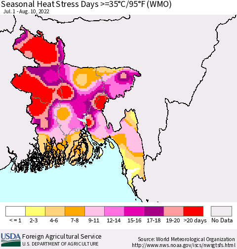 Bangladesh Seasonal Heat Stress Days >=35°C/95°F (WMO) Thematic Map For 7/1/2022 - 8/10/2022