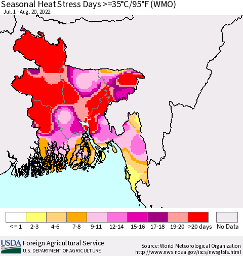 Bangladesh Seasonal Heat Stress Days >=35°C/95°F (WMO) Thematic Map For 7/1/2022 - 8/20/2022