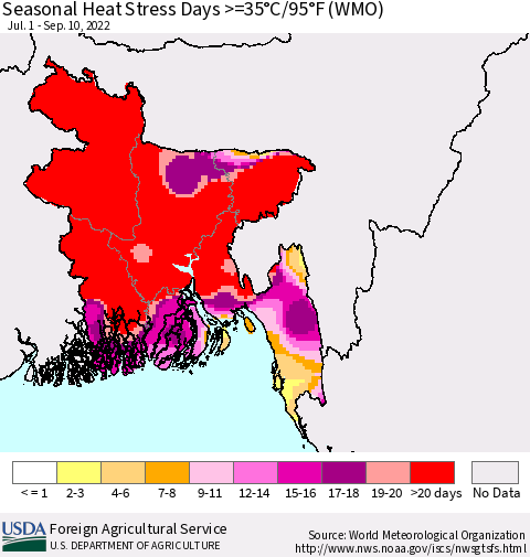 Bangladesh Seasonal Heat Stress Days >=35°C/95°F (WMO) Thematic Map For 7/1/2022 - 9/10/2022