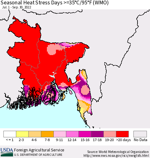 Bangladesh Seasonal Heat Stress Days >=35°C/95°F (WMO) Thematic Map For 7/1/2022 - 9/30/2022
