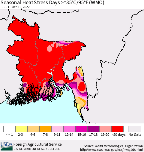 Bangladesh Seasonal Heat Stress Days >=35°C/95°F (WMO) Thematic Map For 7/1/2022 - 10/10/2022