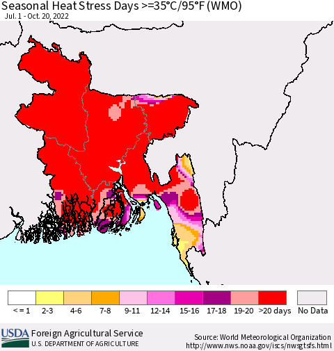 Bangladesh Seasonal Heat Stress Days >=35°C/95°F (WMO) Thematic Map For 7/1/2022 - 10/20/2022