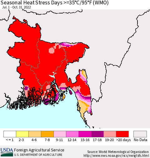 Bangladesh Seasonal Heat Stress Days >=35°C/95°F (WMO) Thematic Map For 7/1/2022 - 10/31/2022