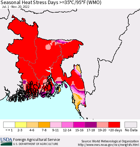 Bangladesh Seasonal Heat Stress Days >=35°C/95°F (WMO) Thematic Map For 7/1/2022 - 11/20/2022